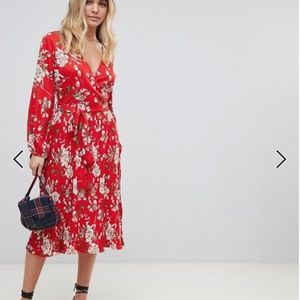Midi Floral Dress with Pleated Skirt and Tie Waist